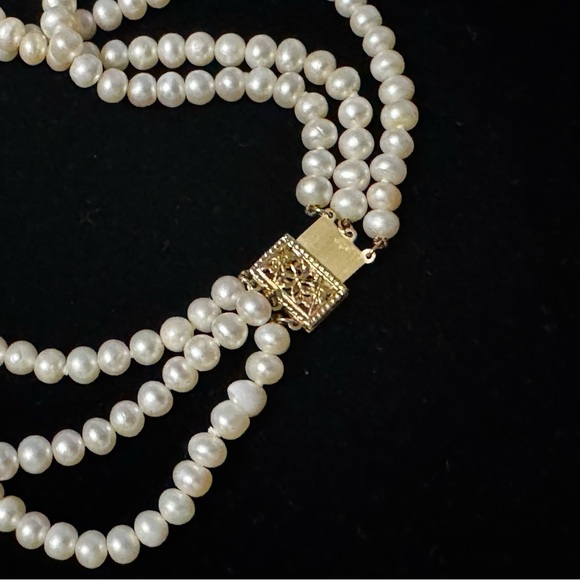 14k Yellow Gold 3 Strand Freshwater Pearl Estate Heirloom Necklace - Picture 7 of 9